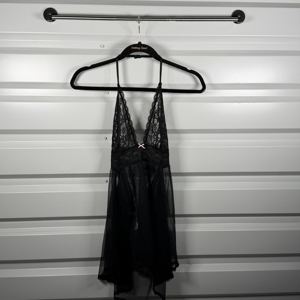 Victoria's Secret Black Lace Sheer‎ Mesh Halter Babydoll Chemise Large Pink Bow